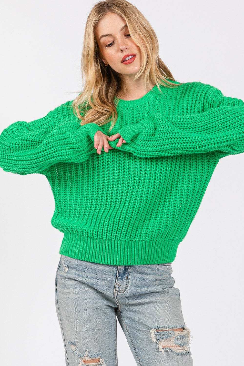 SAGE + FIG Round Neck Drop Shoulder Sweater - Trendsi - Flyclothing LLC