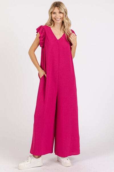 Mittoshop V-Neck Ruffled Cap Sleeve Wide Leg Jumpsuit - Trendsi - Flyclothing LLC