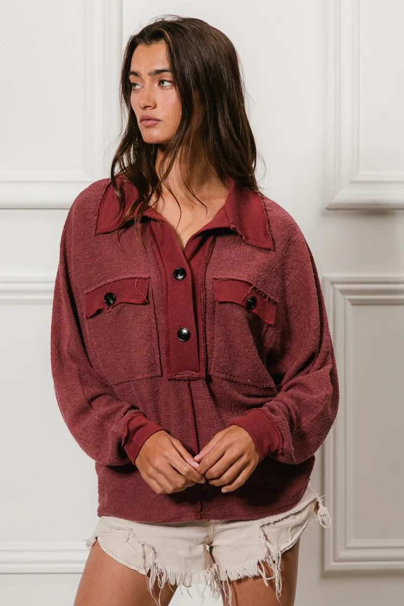 BiBi Cp French Terry Cut Edge Detail Collared Top - Trendsi - Flyclothing LLC