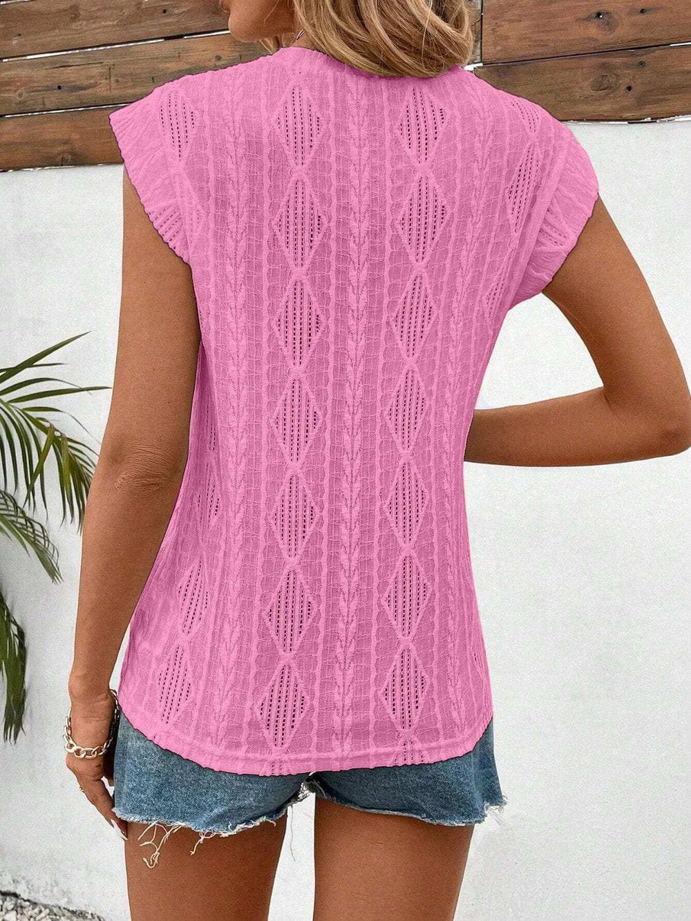 Openwork Round Neck Cap Sleeve Top - Trendsi - Flyclothing LLC