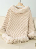 Fuzzy Trim Texture Three-Quarter Sleeve Poncho - Trendsi - Flyclothing LLC