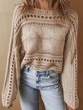 Hollow Out Cable-Knit Boat Neck Sweater - Trendsi - Flyclothing LLC