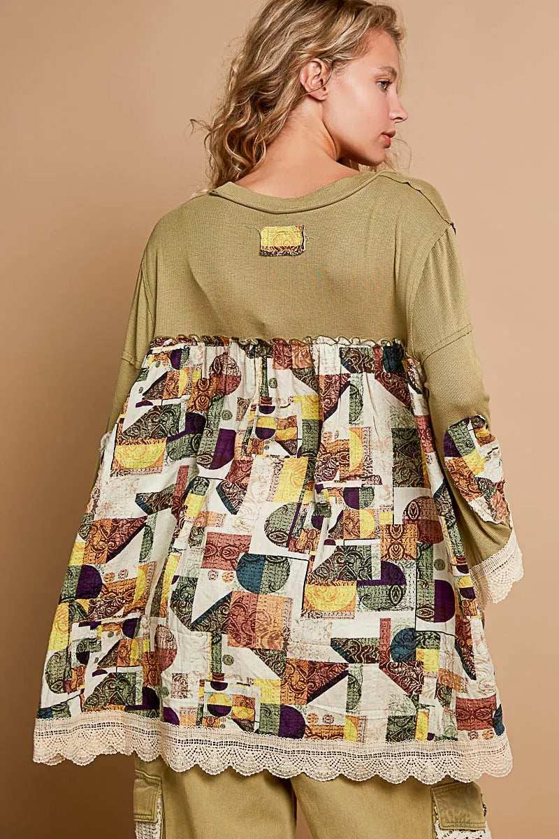 POL Bohemian Geometric Print Long Sleeve Top with Lace Trim - Trendsi - Flyclothing LLC