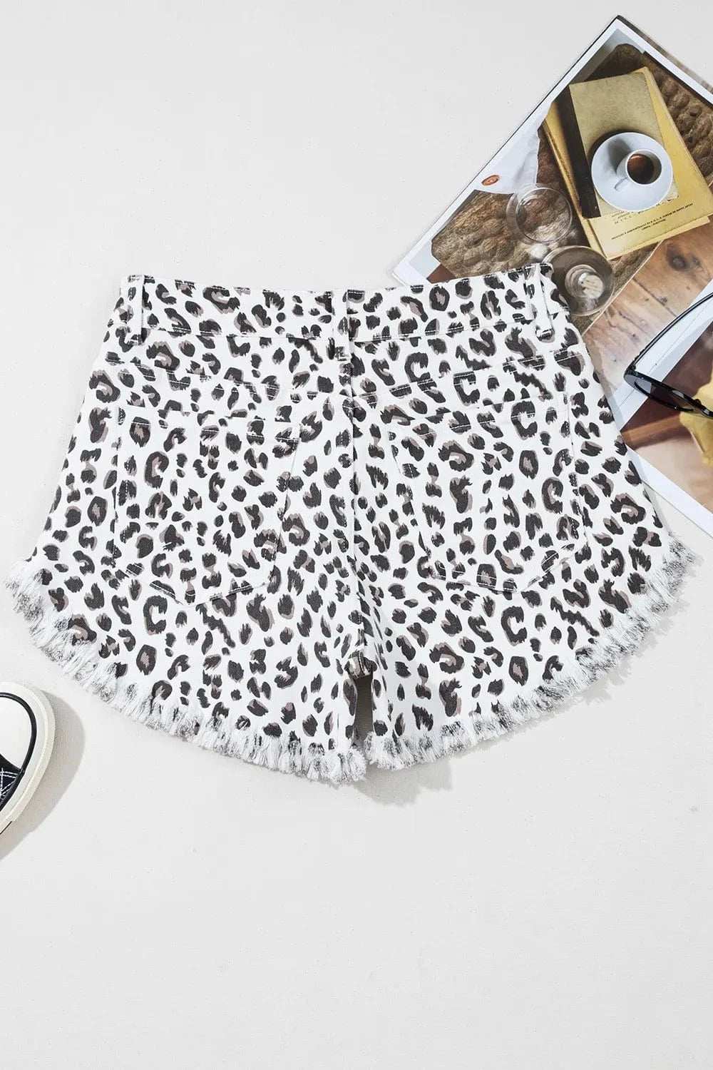 Leopard Frayed Hem Denim Shorts - Trendsi - Flyclothing LLC