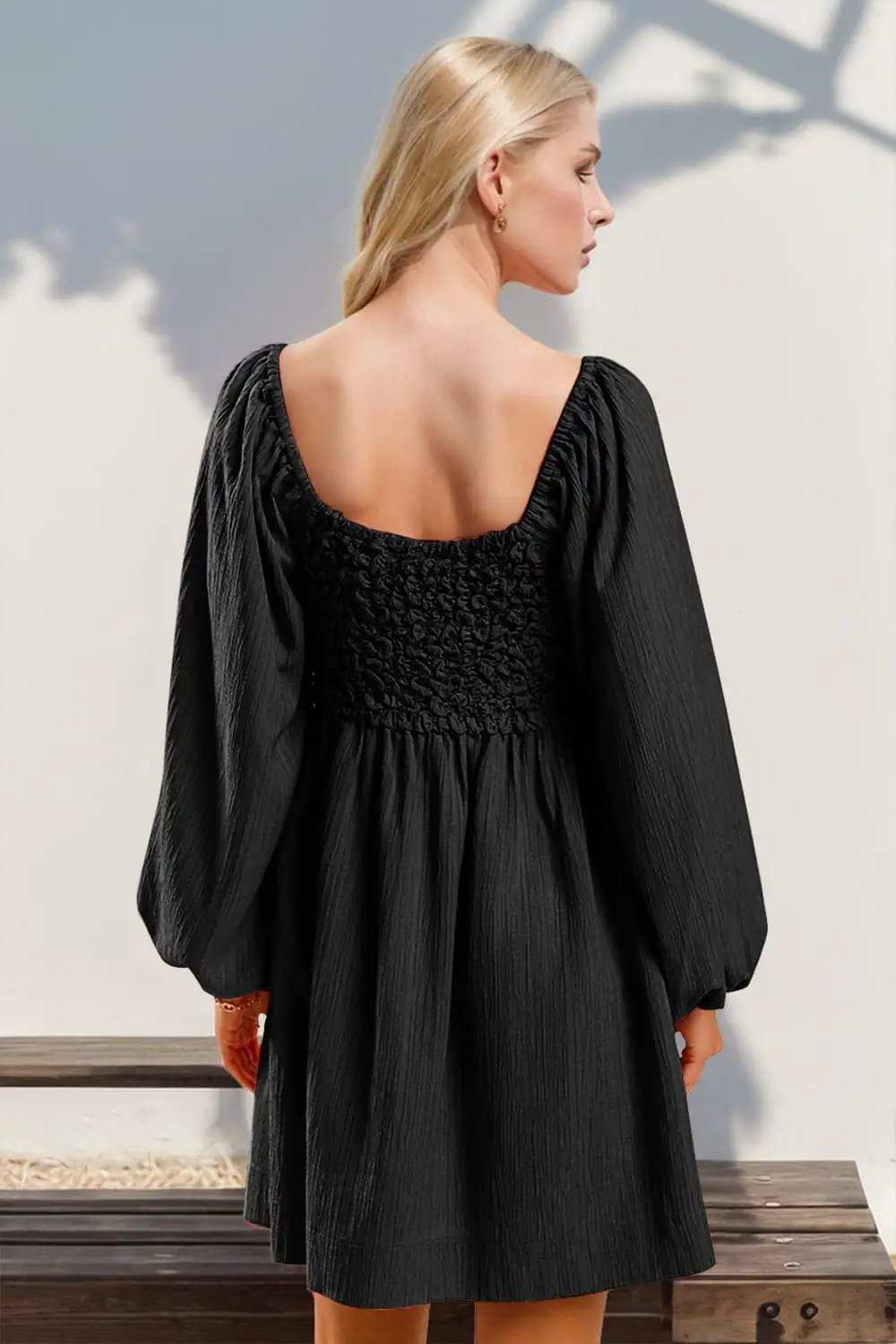 Double Take Texture Smocked Balloon Sleeve Mini Dress - Trendsi - Flyclothing LLC