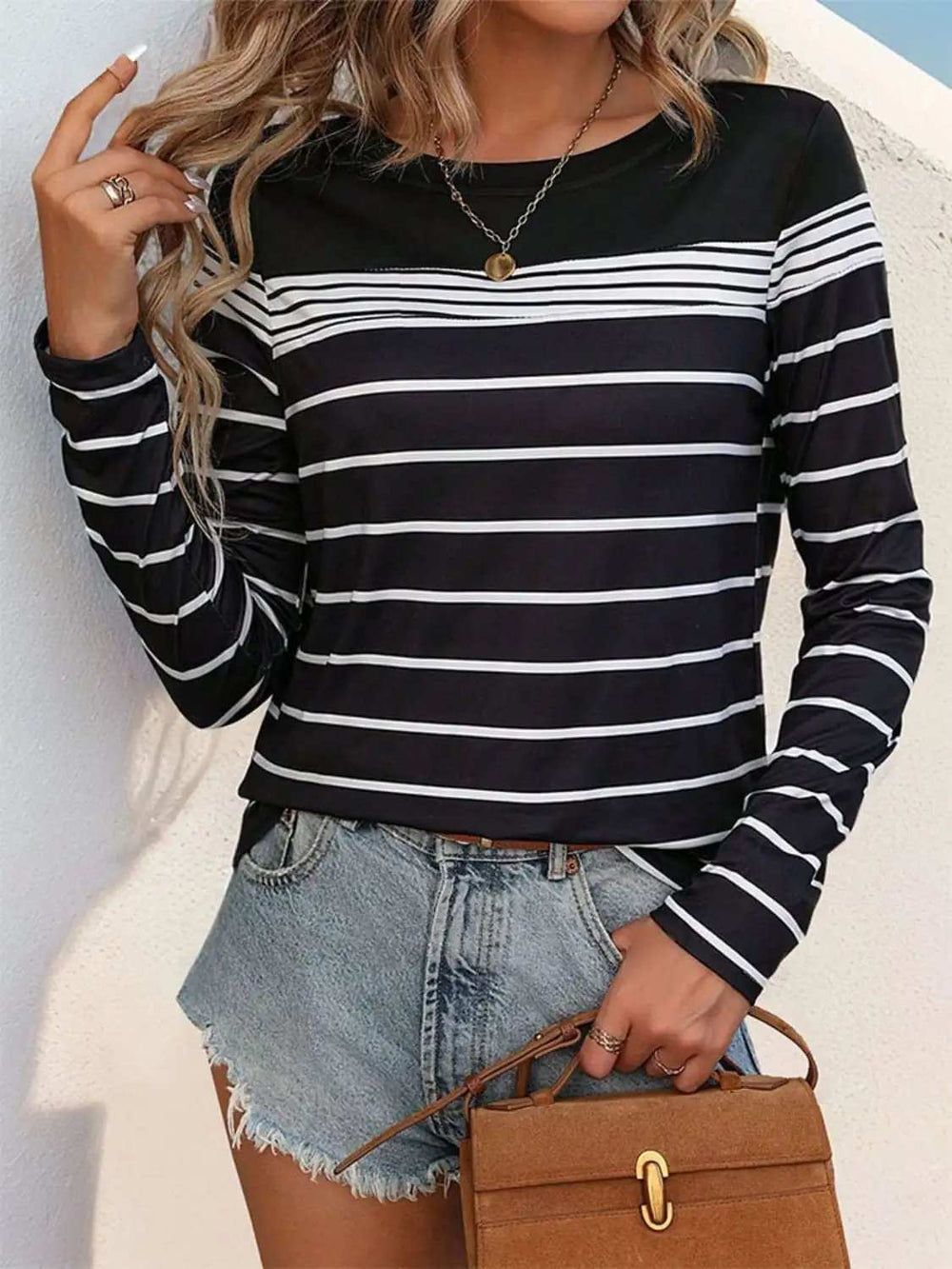 Striped Round Neck Long Sleeve T-Shirt - Trendsi - Flyclothing LLC