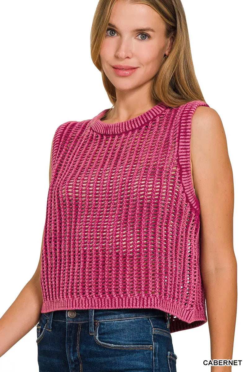 Zenana Acid Washed Fishnet Sweater Vest - Trendsi - Flyclothing LLC