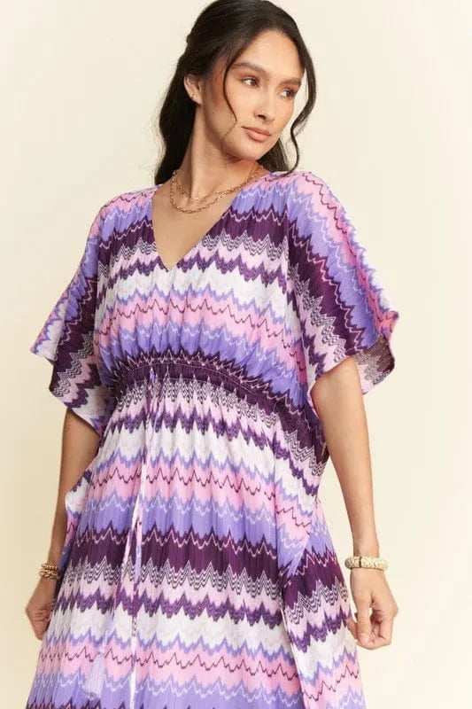 Davi & Dani Multi Color Wavy Tie Waist Flowy Sleeve Dress - Trendsi - Flyclothing LLC
