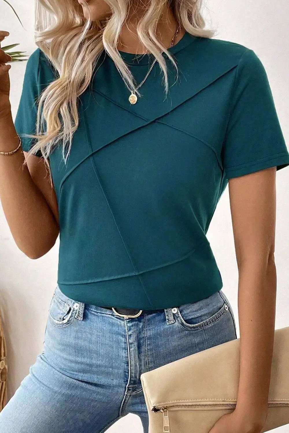 Round Neck Short Sleeve T-Shirt - Trendsi - Flyclothing LLC