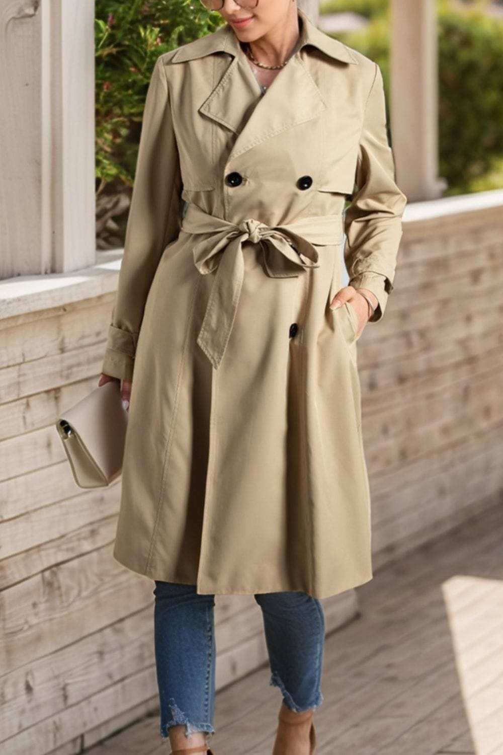 Collared Neck Tie Waist Buttoned Long Sleeve Trench Coat - Trendsi - Flyclothing LLC