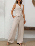 V-Neck Button Down Vest and Wide Leg Pants Set - Trendsi - Flyclothing LLC