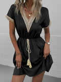 Full Size Tassel V-Neck Short Sleeve Dress Plus Size - Trendsi - Flyclothing LLC