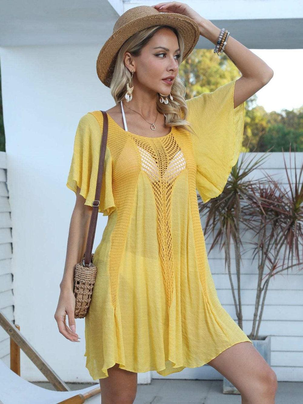 Openwork Flutter Sleeve Cover-Up Dress - Trendsi - Flyclothing LLC