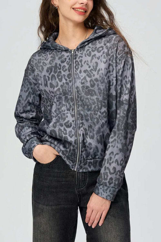 Pocketed Leopard Zip Up Hooded Jacket - Trendsi - Flyclothing LLC