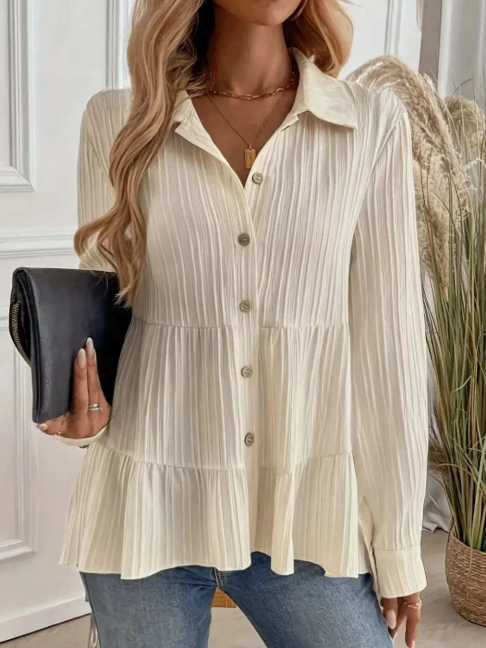 Striped Button-Down Tiered Shirt - Trendsi - Flyclothing LLC