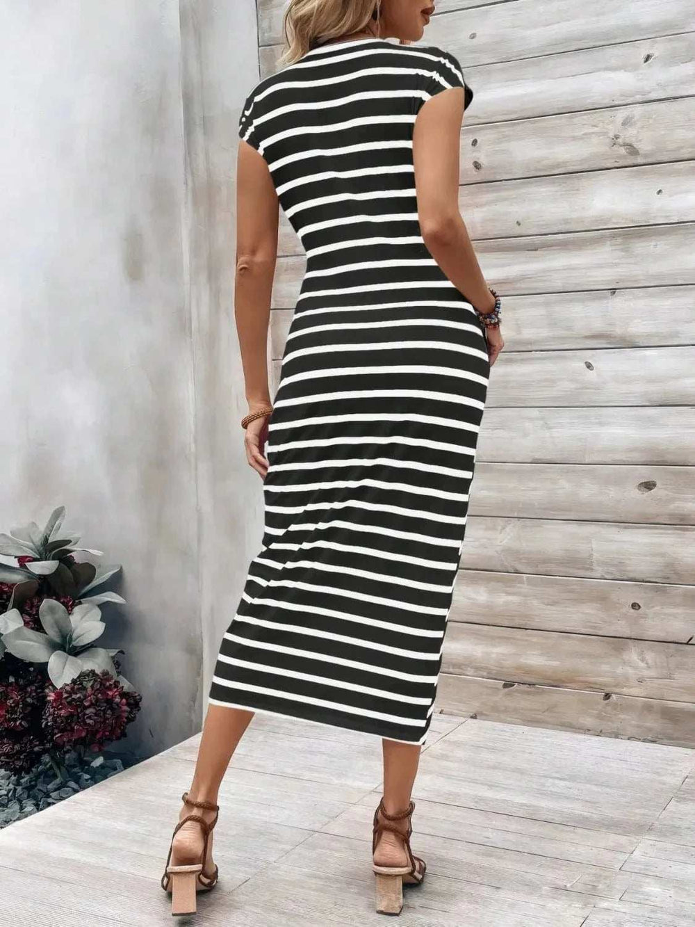 Striped Round Neck Cap Sleeve Midi Dress - Trendsi - Flyclothing LLC