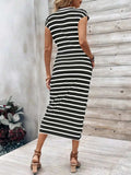 Striped Round Neck Cap Sleeve Midi Dress - Trendsi - Flyclothing LLC