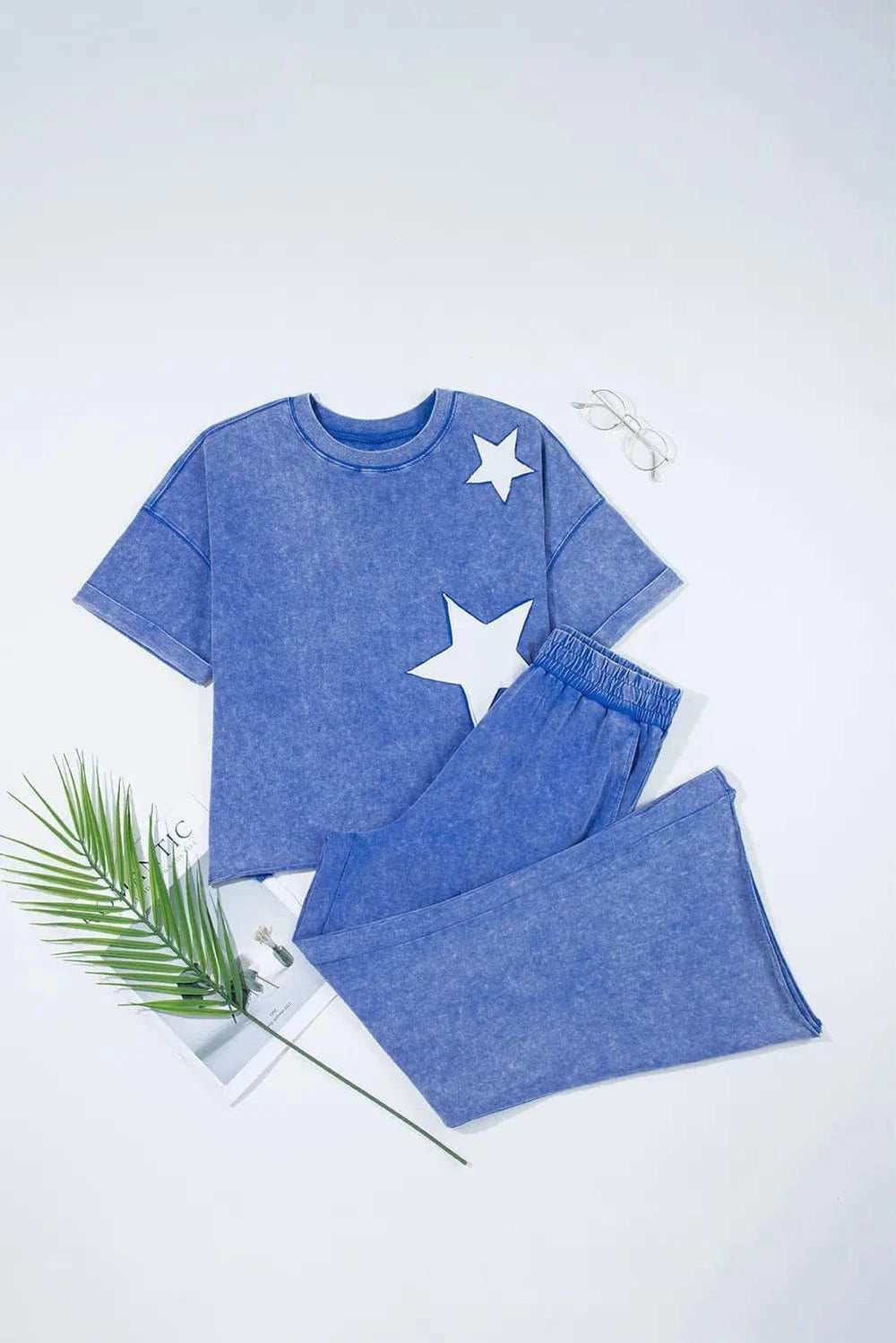 Acid Wash Star Patched Rolled Trim Top and Pants Set - Trendsi - Flyclothing LLC