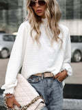 Smocked Frill Mock Neck Long Sleeve Blouse - Trendsi - Flyclothing LLC