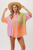 BiBi Plaid Collared Neck Half Sleeve Shirt - Trendsi - Flyclothing LLC