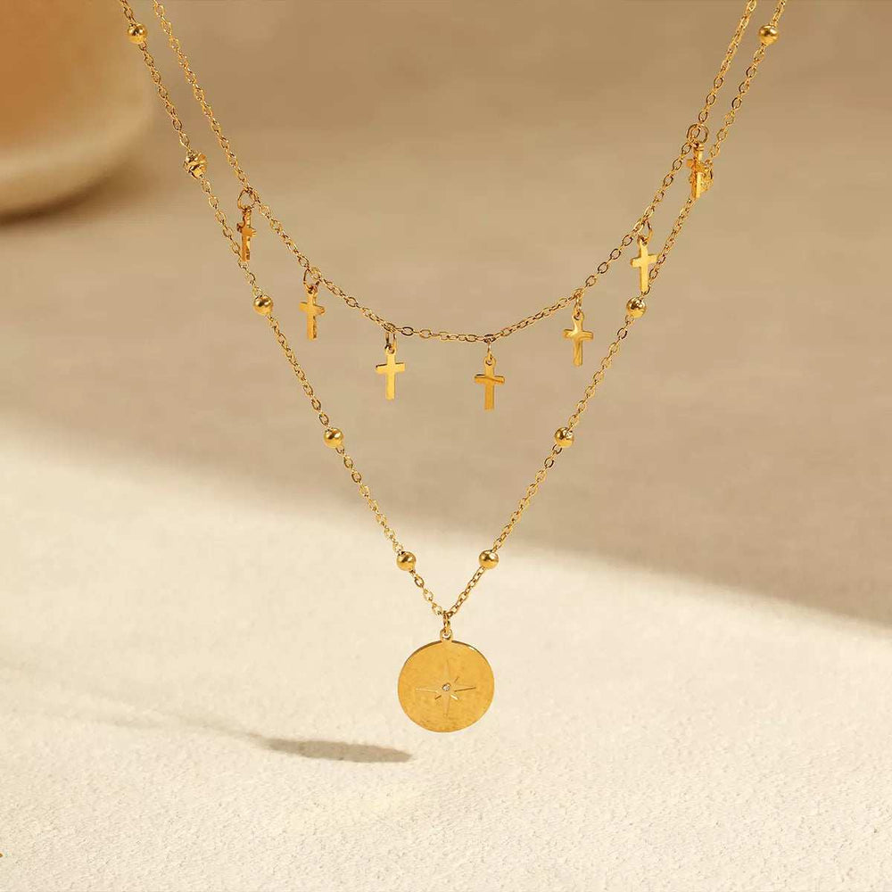 18K Gold-Plated Cross Double Layered Pendant Necklace - Trendsi - Flyclothing LLC