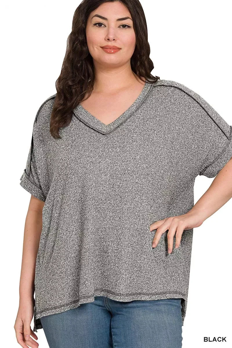 Zenana Full Size Soft Melange Hacci V-Neck Short Sleeve Hi-low Tee Plus Size - Trendsi - Flyclothing LLC