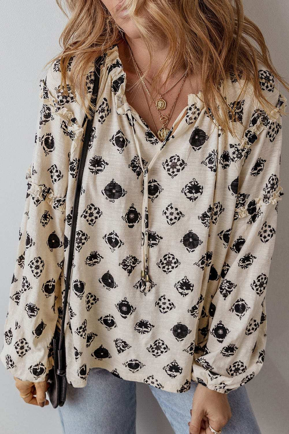 Printed Tie Neck Long Sleeve Blouse - Trendsi - Flyclothing LLC