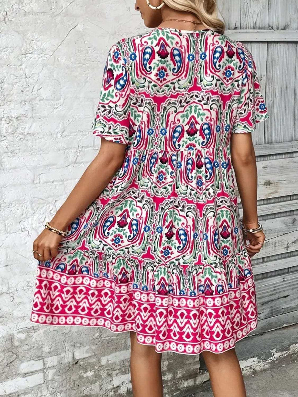Printed Tie Neck Short Sleeve Dress - Trendsi - Flyclothing LLC