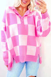 Slit Checkered Half Button Long Sleeve Sweater - Trendsi - Flyclothing LLC