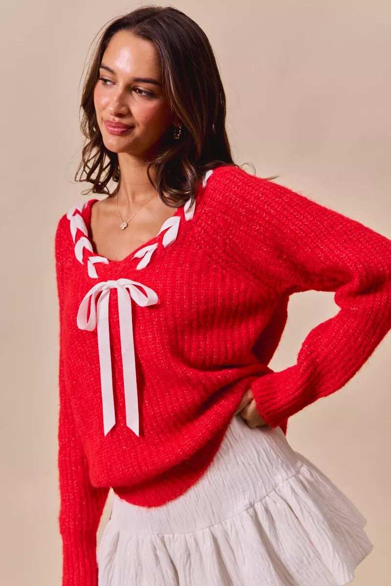 SO ME Satin Tape Braided Ribbon Tie V Neck Sweater - Trendsi - Flyclothing LLC