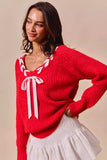 SO ME Satin Tape Braided Ribbon Tie V Neck Sweater - Trendsi - Flyclothing LLC