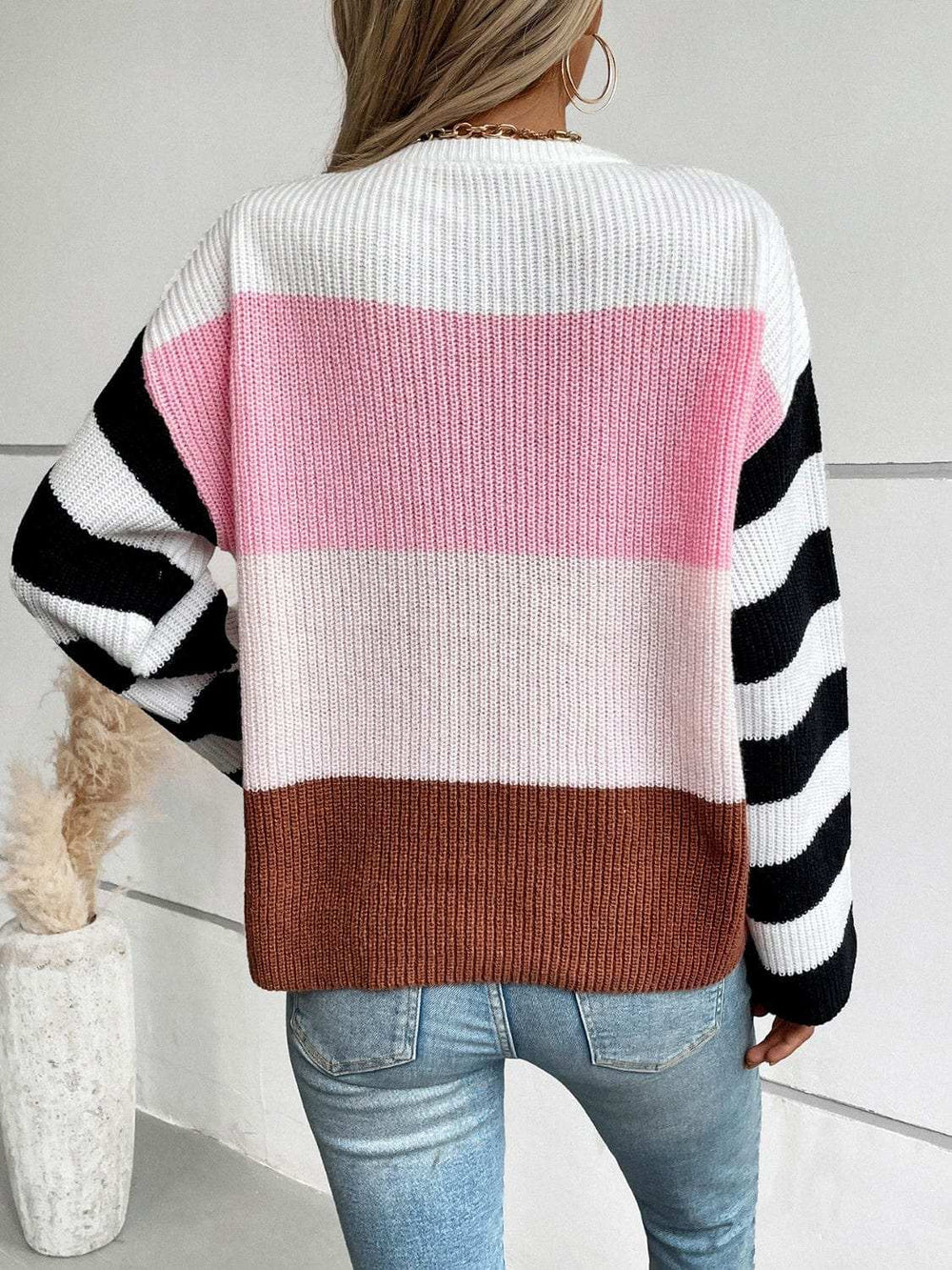Color Block Round Neck Long Sleeve Sweater - Trendsi - Flyclothing LLC