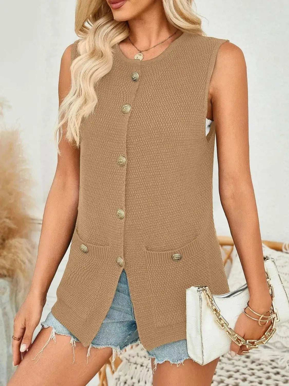 Button Down Round Neck Knit Vest - Trendsi - Flyclothing LLC
