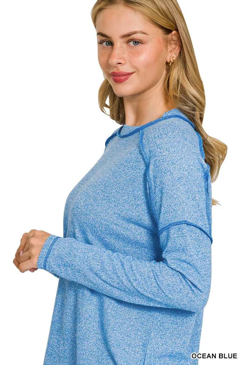 Zenana Full Size Melange Hacci Exposed Seam Hi-low Tee Plus Size - Trendsi - Flyclothing LLC