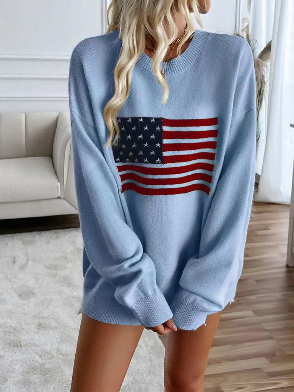 Devine US Flag Round Neck Long Sleeve Knit Top - Trendsi - Flyclothing LLC