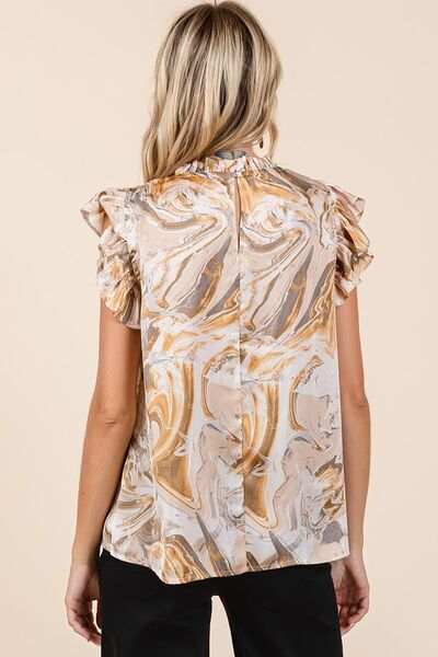 Mittoshop Abstract Print Ruffle Short Sleeve Satin Top - Trendsi - Flyclothing LLC