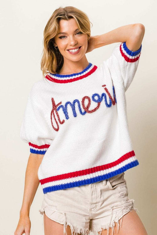 BiBi Metallic America Letter Short Sleeve Sweater - Trendsi - Flyclothing LLC