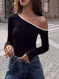 Contrast Trim One Shoulder Long Sleeve T-Shirt - Trendsi - Flyclothing LLC