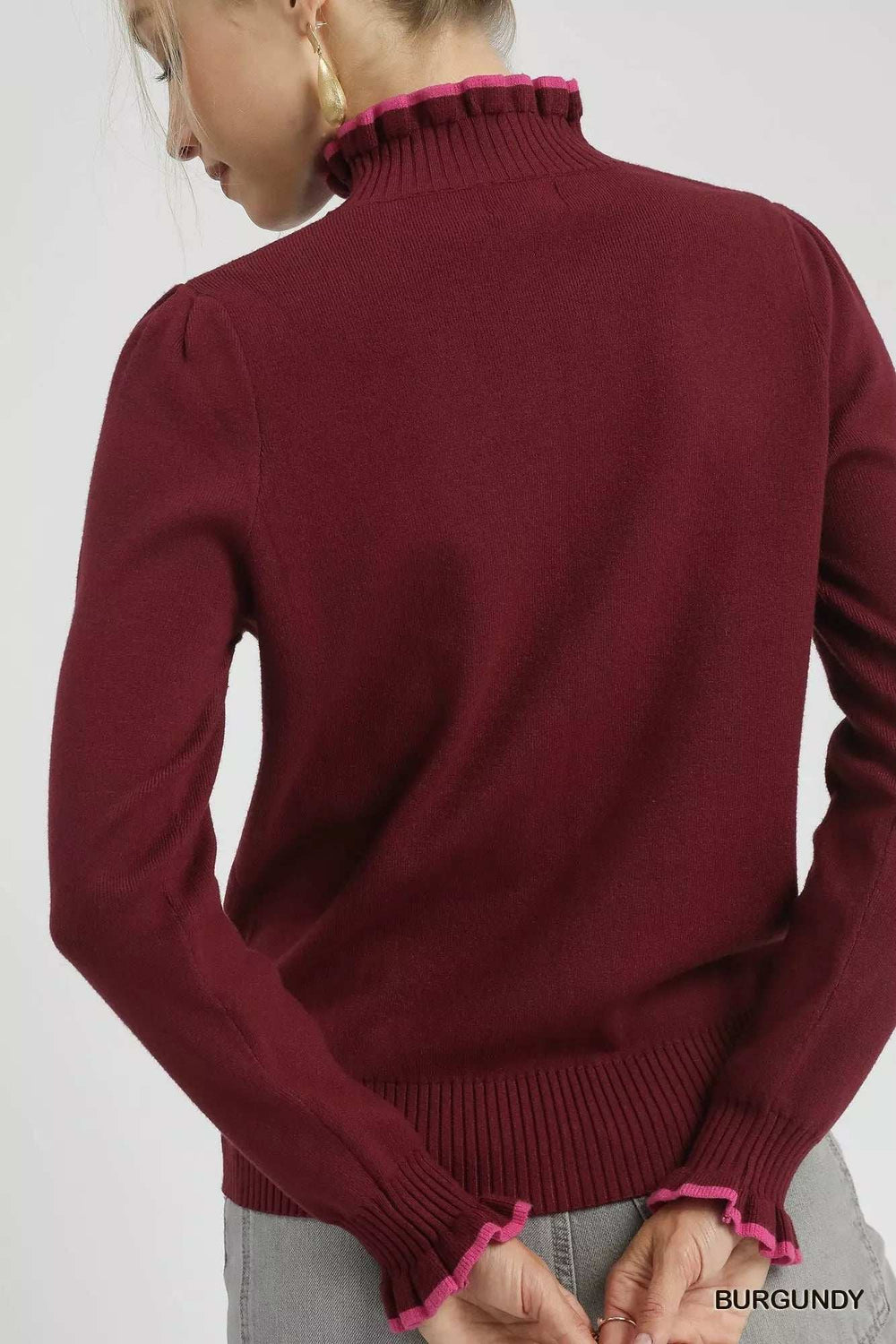 Umgee Ribbed Round Neck Sweater with Ruffle Contrast Trim - Trendsi - Flyclothing LLC