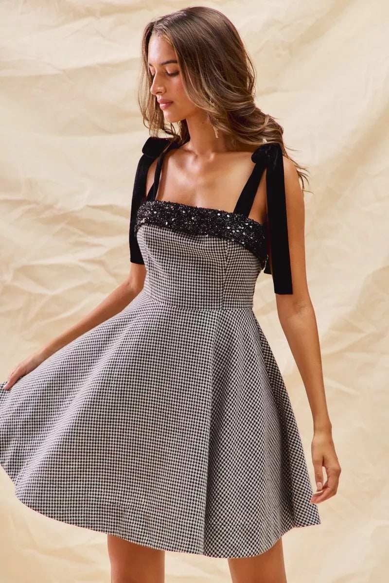 SO ME Houndstooth Fit Flare Mini Dress with Shoulder Tie - Trendsi - Flyclothing LLC
