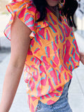 Ruffled Printed V-Neck Cap Sleeve Blouse - Trendsi - Flyclothing LLC