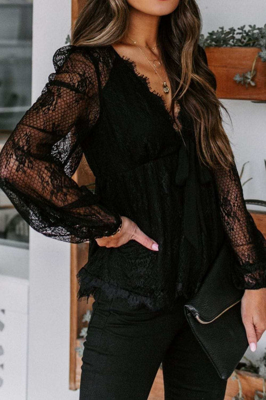 Lace Detail Plunge Long Sleeve Blouse - Trendsi - Flyclothing LLC