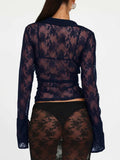 Devine Plunge Long Sleeve Lace Top - Trendsi - Flyclothing LLC