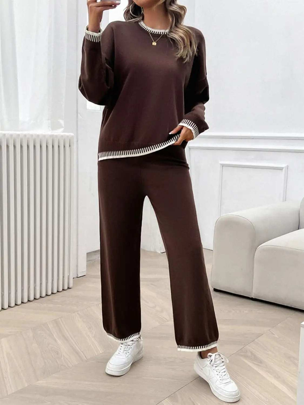 Round Neck Dropped Shoulder Top and Pants Sweater Set - Trendsi - Flyclothing LLC