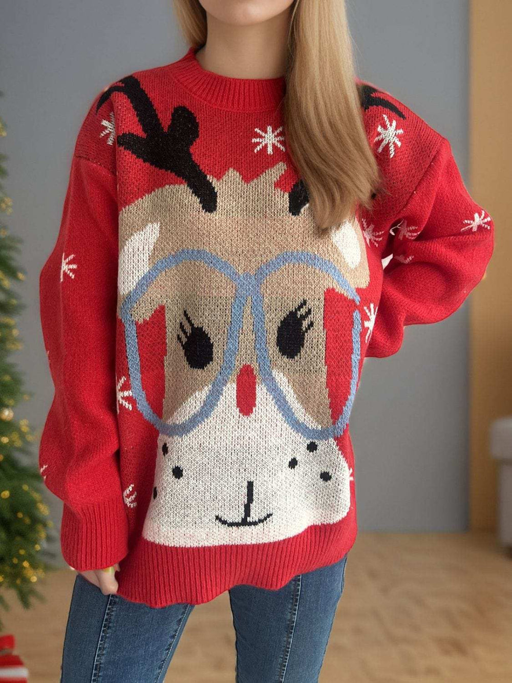 Reindeer Round Neck Dropped Shoulder Sweater - Trendsi - Flyclothing LLC
