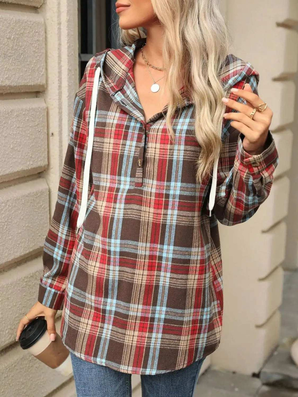 Drawstring Plaid Hooded Long Sleeve Top - Trendsi - Flyclothing LLC