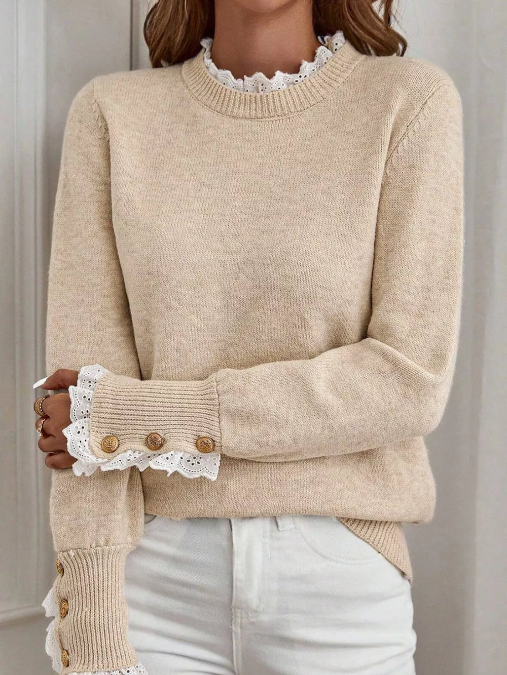 Lace Trim Button Cuff Long Sleeve Sweater - Trendsi - Flyclothing LLC
