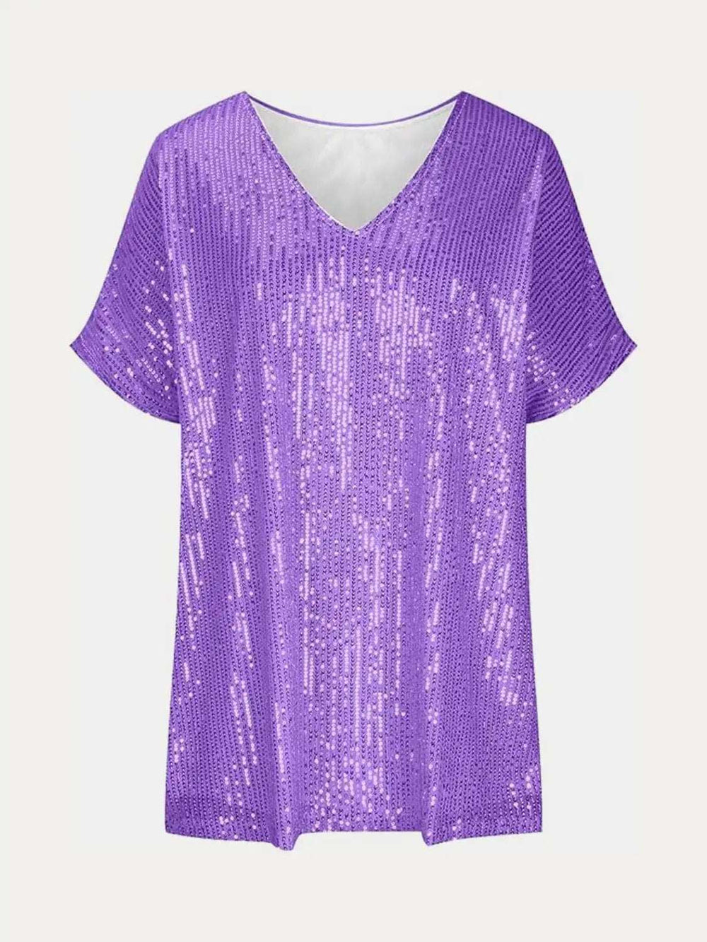 Full Size Sequin V-Neck Short Sleeve Top - Trendsi - Flyclothing LLC