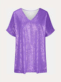 Full Size Sequin V-Neck Short Sleeve Top - Trendsi - Flyclothing LLC