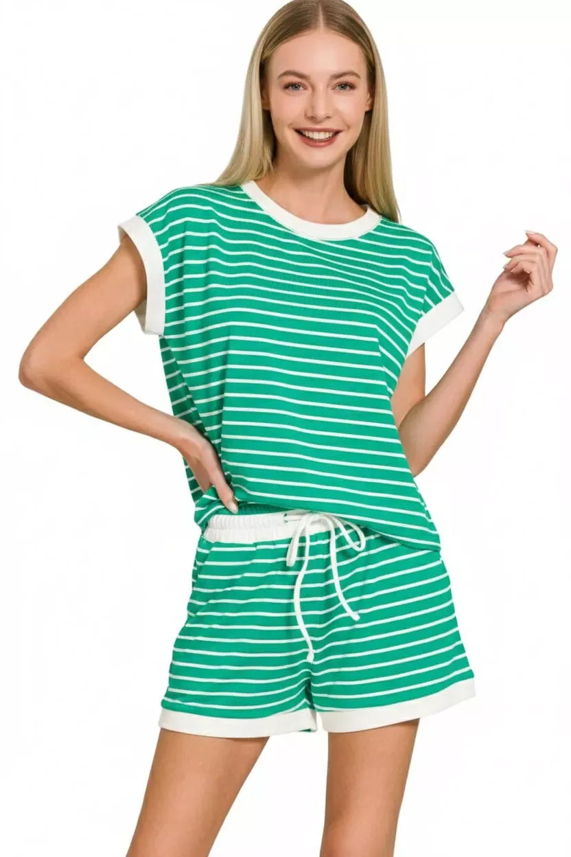 Zenana Stripe Contrast Trim Top & Shorts Set - Trendsi - Flyclothing LLC